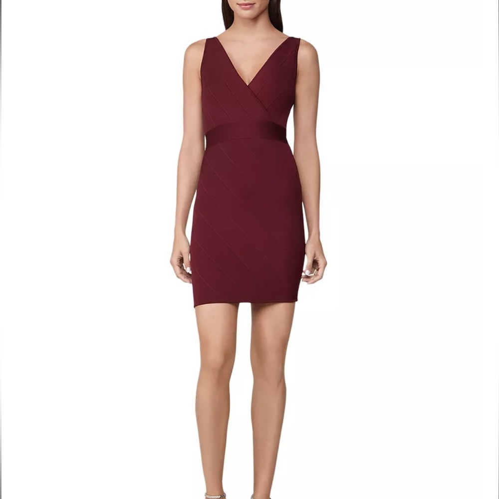 Herve Leger Red V-Neck Bandage Wrap Mini Dress